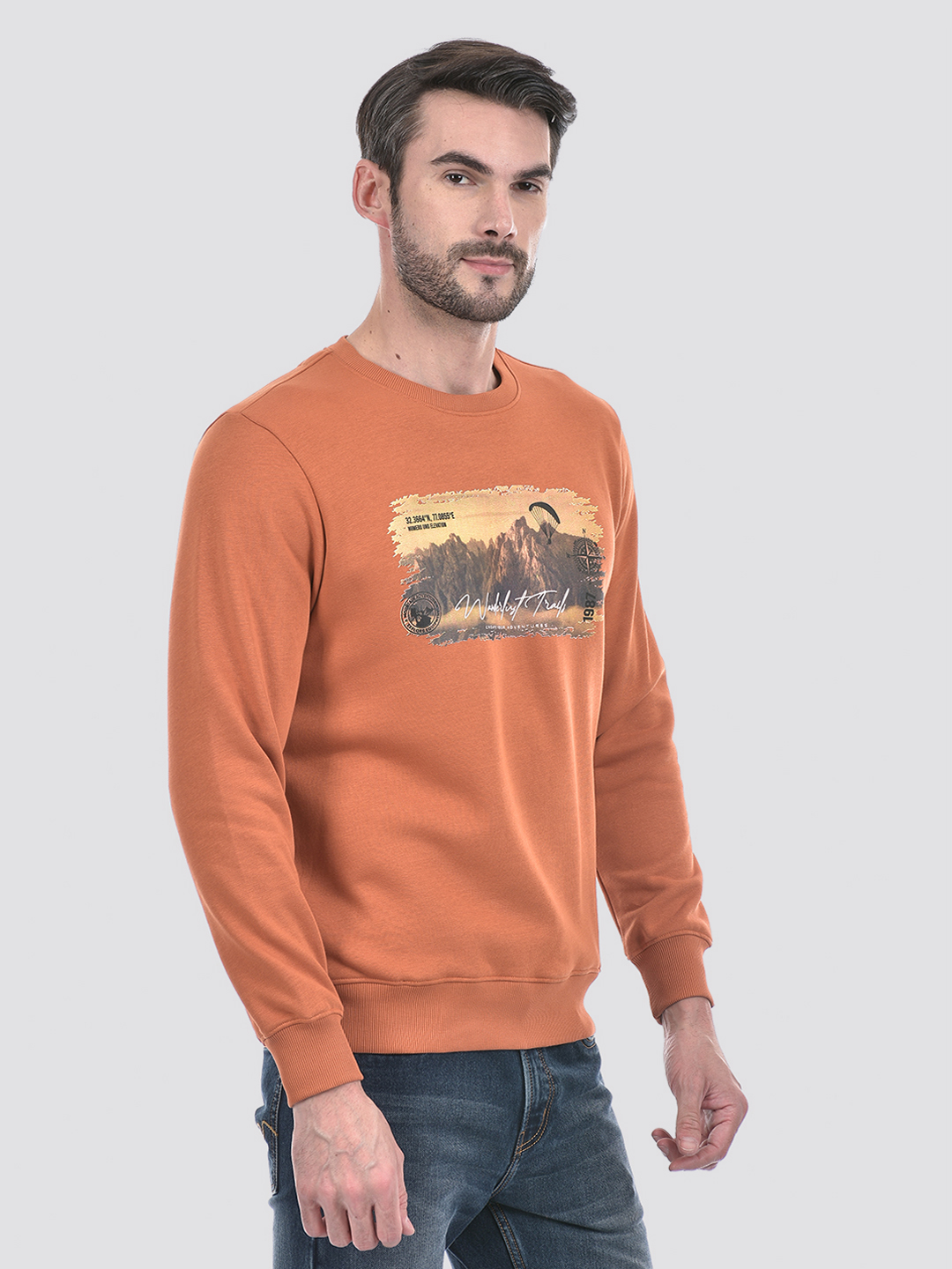 Numero Uno Men Orange Printed Round Neck Brushed Fleece Sweatshirt